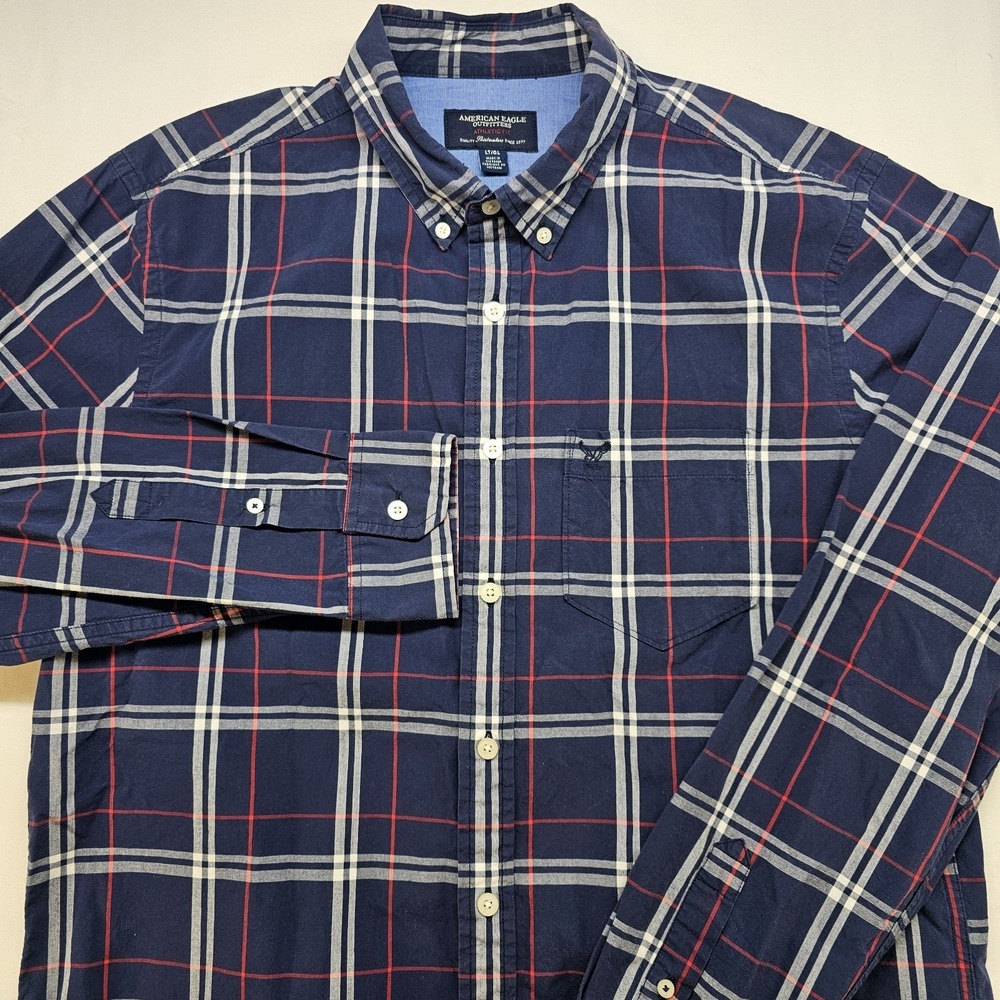 American Eagle Men's Large Tall Athletic Fit Plaid Shirt Navy Red Button Down